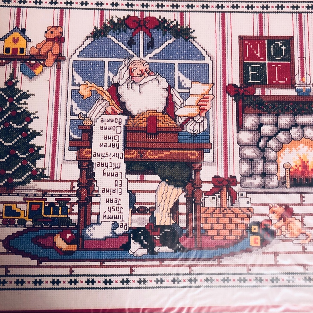 2 Vintage Bucilla Counted Cross Stitch Santa Framed Picture Kits